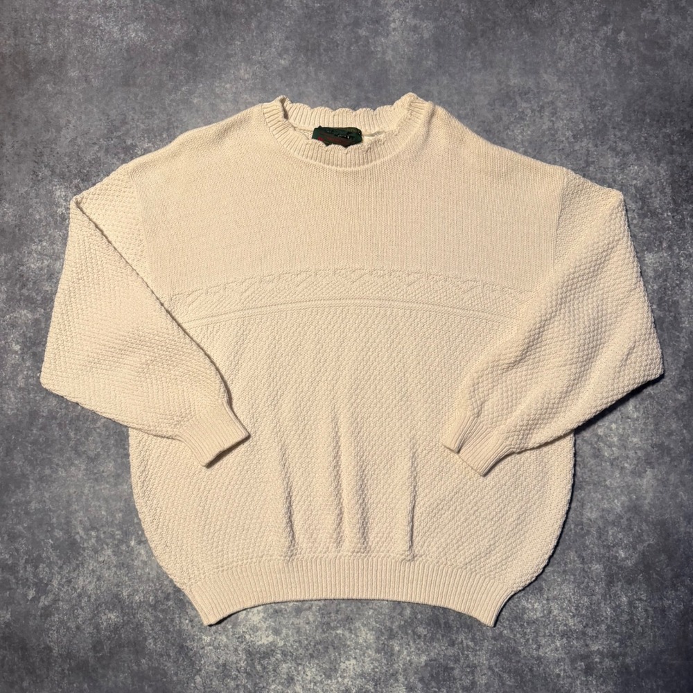 Vintage 3D Knit Sweater White Men's Large Crew‎ Neck Long Sleeve Size XL